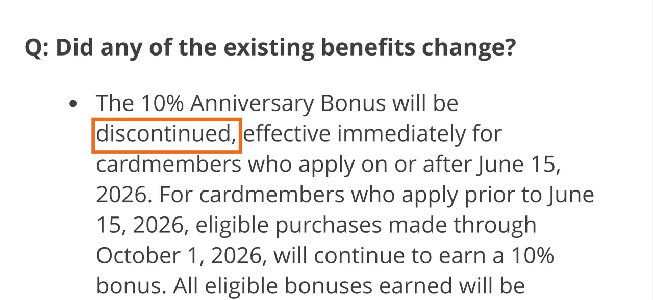 Capture of Meet the New Chase Sapphire Preferred: Earn More Than Ever, Same $95 Annual Fee: “The 10% Anniversary Bonus will be discontinued, effective immediately for cardmembers who apply on or after June 15, 2026.”