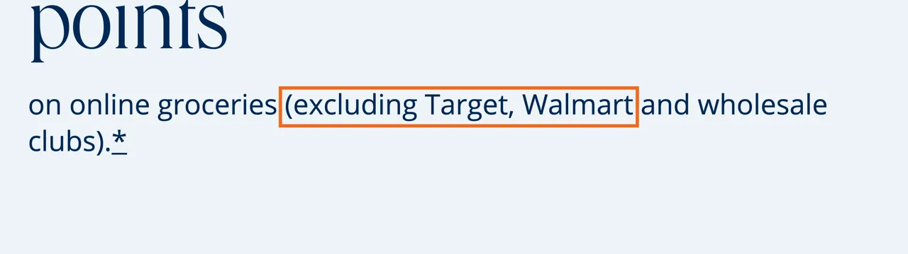 Capture of Chase Sapphire Preferred® Benefits: “on online groceries (excluding Target, Walmart and wholesale clubs).”