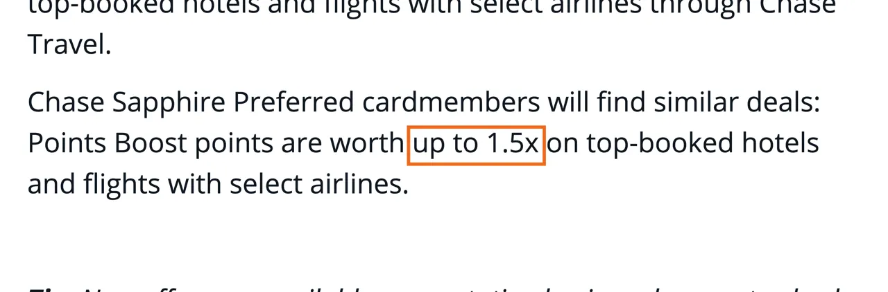 Capture of How Points Boost Works | Chase Travel: “Chase Sapphire Preferred cardmembers will find similar deals: Points Boost points are worth up to 1.5x on top-booked hotels and flights with select airlines.”