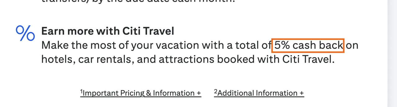 Capture of No Annual Fee Credit Cards | Citi.com: “Make the most of your vacation with a total of 5% cash back on hotels, car rentals, and attractions booked with Citi Travel.”