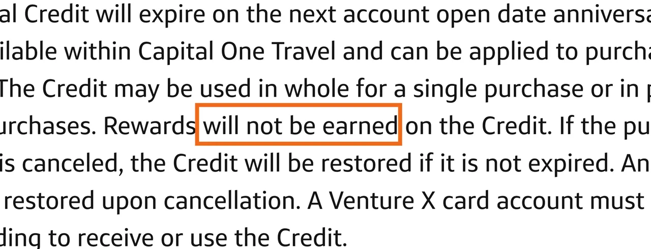 Capture of Venture X Rewards | Capital One: “Rewards will not be earned on the Credit.”