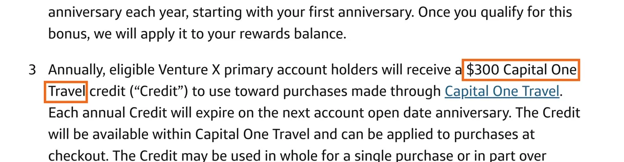 Capture of Venture X Rewards | Capital One: “Annually, eligible Venture X primary account holders will receive a $300 Capital One Travel credit (“Credit”) to use toward purchases made through Capital One Travel.”